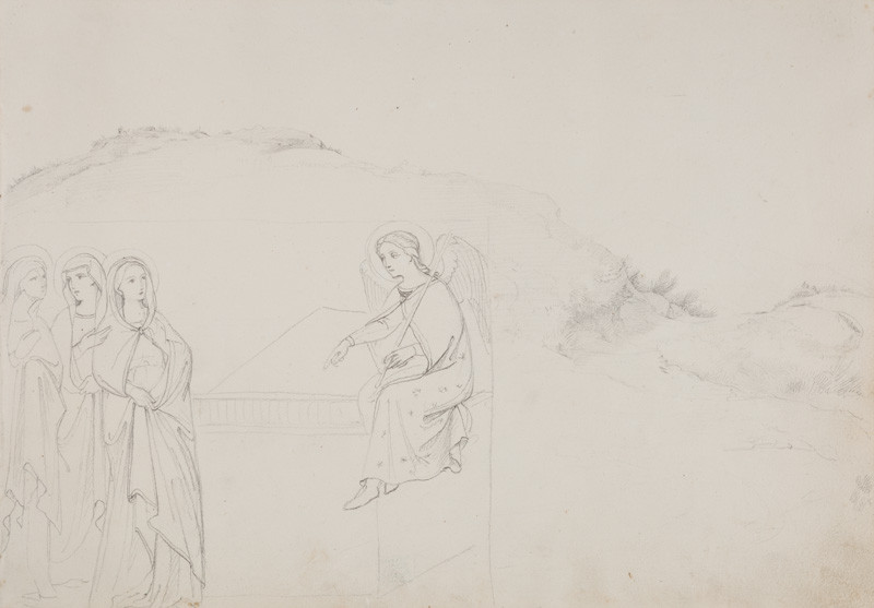 František Tkadlík - Sheet from the Southern Italian Sketchbook - landscape study; drawing after fresco The Three Marys at the Tomb in the Upper Church of the Sacro Speco Monastery in Subiaco