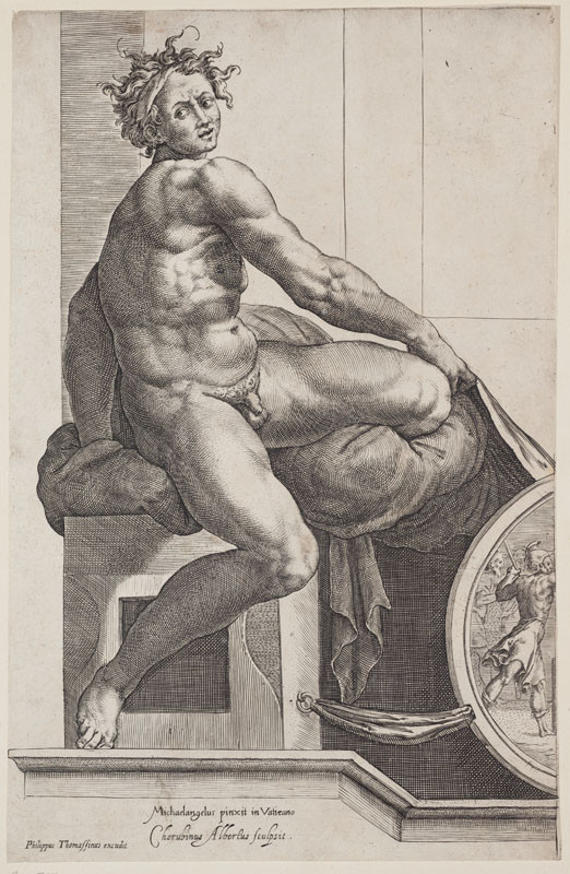 Cherubino Alberti - rytec, Michelangelo Buonarroti - inventor (tvůrce předlohy), Philippe Thomassin - vydavatel - Nahý mladík (Ignudo ze stropu Sixtinské kaple)