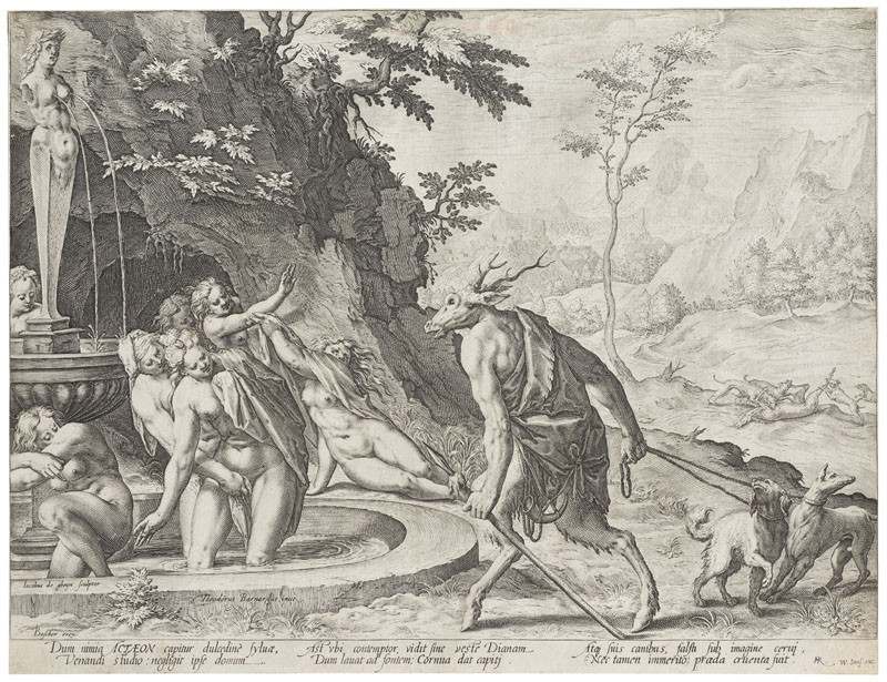 Jacques de Gheyn II. - engraver, Dirck Barendsz - inventor, Joos de Bosscher - publisher - Diana and Actaeon