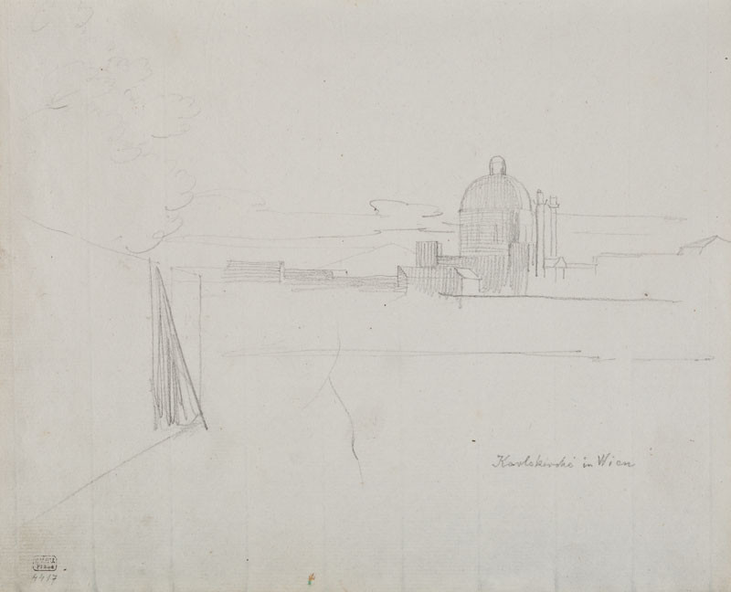 František Tkadlík - Sheet from Sketchbook C - sketch of a Viennese panorama with the Church of San Carlo Borromeo