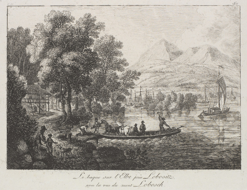 Pauline Schwarzenberg - engraver - Ferry across the Labe River near Lovosice, with a View of Loboš