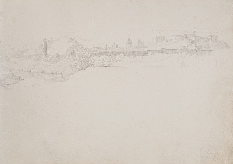 František Tkadlík - Sheet from the Southern Italian Sketchbook - view of Rome from the Tiber, looking towards Aventine Hill, reverse side: facial sketches