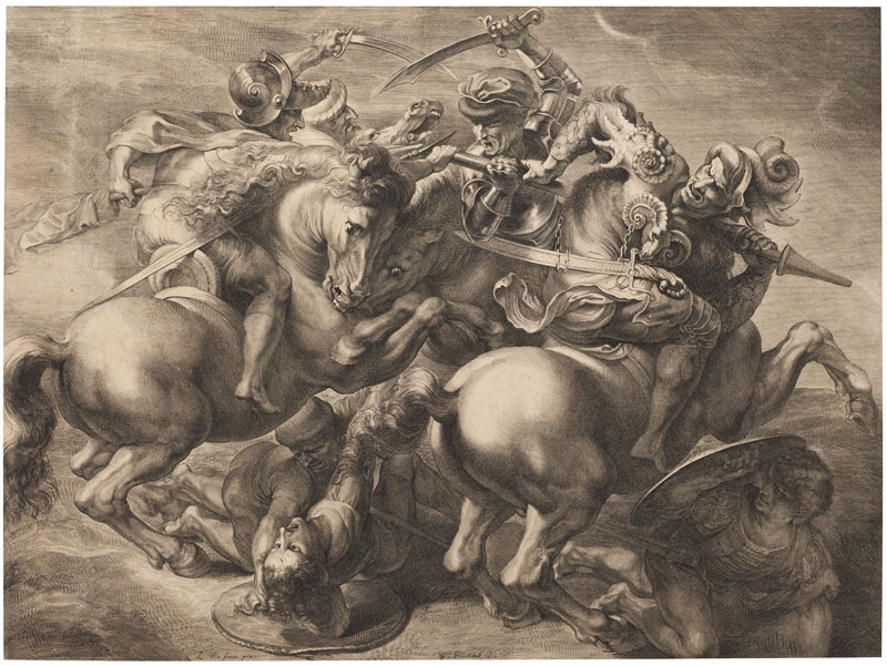 Gérard Edelinck - rytec, Peter Paul Rubens - inventor - Souboj čtyř jezdců - podle Leonardovy malby, Bitva u Anghiari