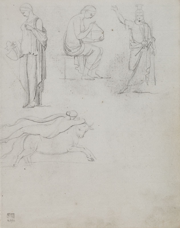 František Tkadlík - Sheet from Sketchbook C - study of three female figures after classical models; study of Europa riding, reverse side: study after a classical statue of a philosopher