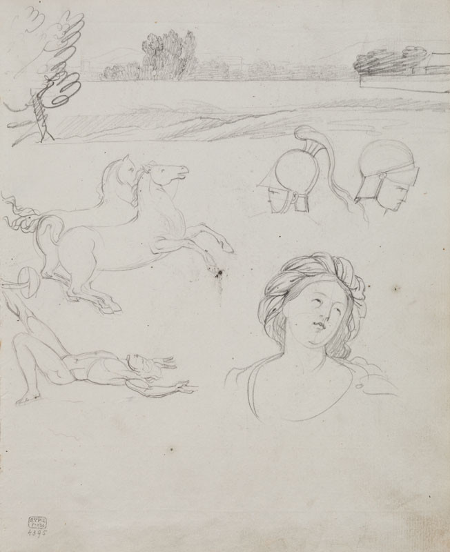 František Tkadlík - Sheet from Sketchbook C - landscape; studies after various models, including Guercino’s painting The Samian Sybil, reverse side: study of figures after classical models