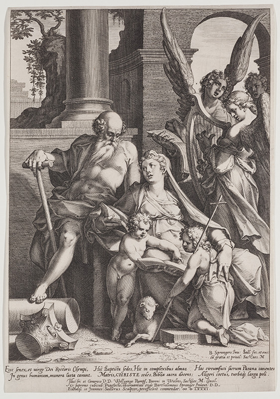 Jan Sadeler st. - rytec, Bartholomaeus Spranger - inventor - Svatá rodina se sv. Janem a třemi anděly