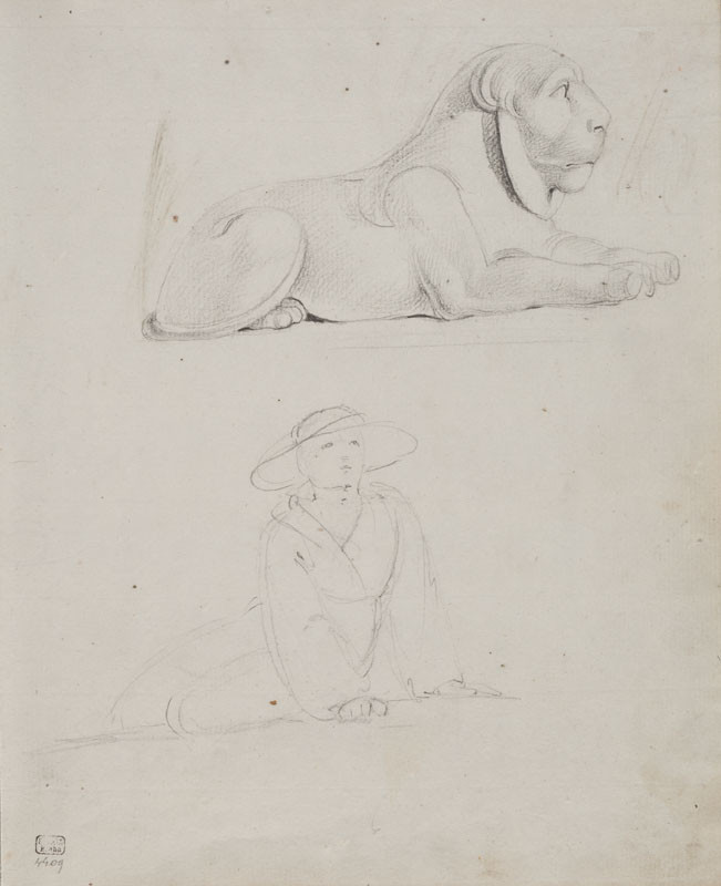 František Tkadlík - Sheet from Sketchbook C - sketch of a sphinx and a sitting woman