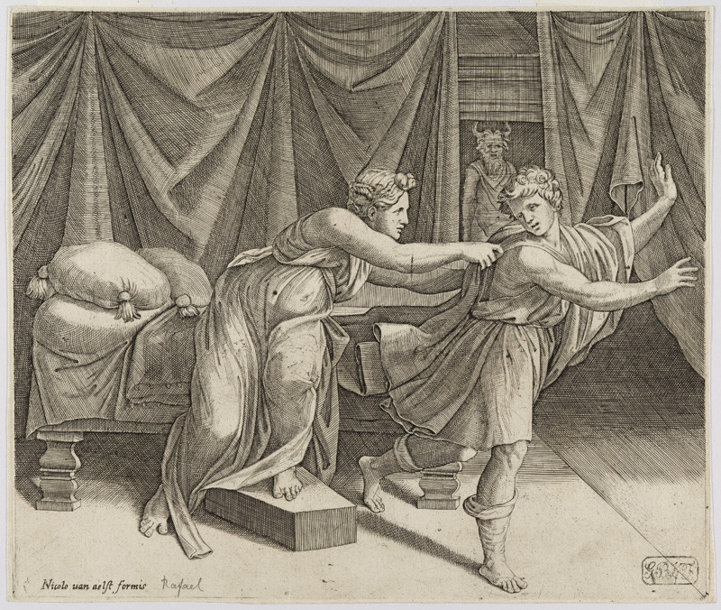 Marcantonio Raimondi - engraver, Raffael - inventor, Nicolas van Aelst - publisher - Joseph and Potiphar’s Wife