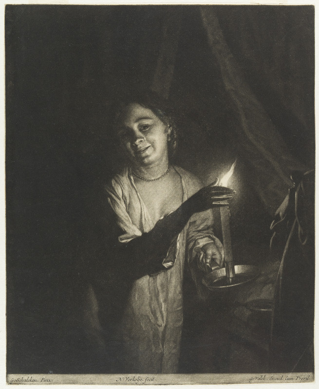 Nicolaas Verkolje - engraver, Godfried Schalcken - inventor, Gerard Valck - publisher - Young Woman Holding a Candle in a Bedchamber