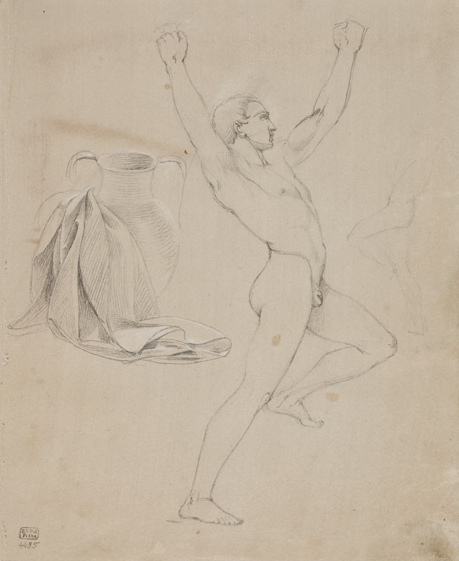 František Tkadlík - Sheet from Sketchbook C - study of a jug and a drapery for the painting Jesus in Emmaus; standing male nude