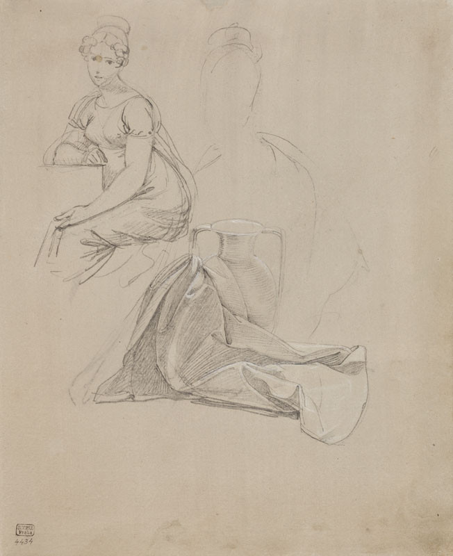 František Tkadlík - Sheet from Sketchbook C - study of a jug and a drapery for the painting Jesus in Emmaus; seated female figure