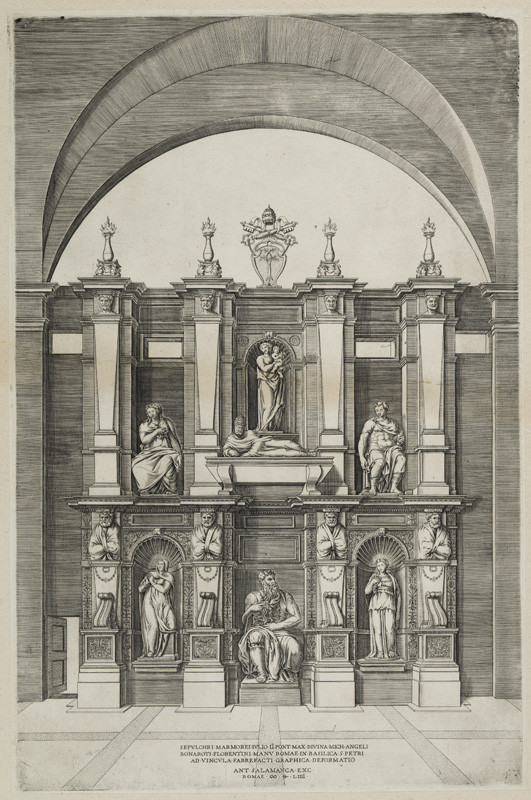 Anonymous Engraver, Michelangelo Buonarroti - inventor, Antonio Salamanca - publisher - Tomb of Pope Julius II in Rome, From the series Speculum Romanae Magnificentiae