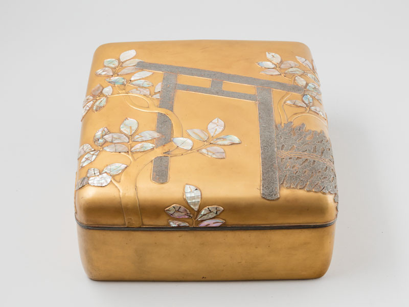 Anonymous artist - Document case (bunko) decorated with leaves and a tori gate motif