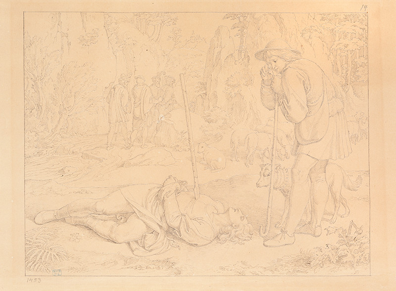 Josef Führich - Pastýř Jindřich nad zabitým Golem (13. výjev z cyklu Legenda o sv. Jenoféfě)
