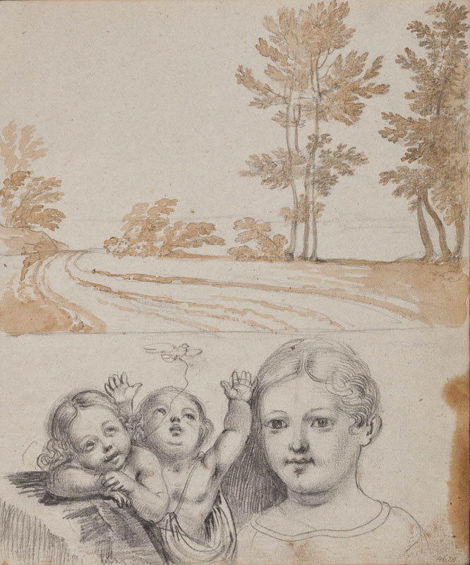 František Tkadlík - Sheet from Sketchbook A - landscape study; three children, Reverse side: landscape with ruins
