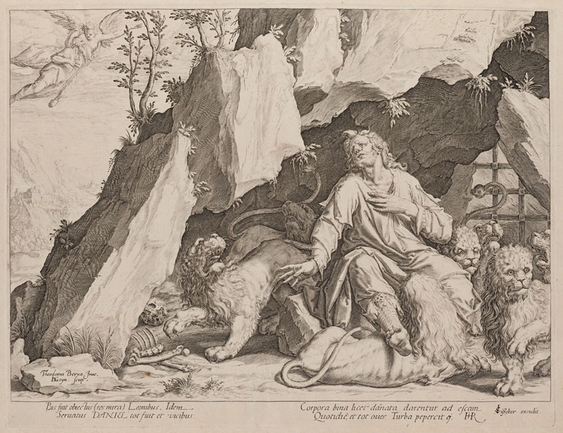 Jacques de Gheyn II. - engraver, Dirck Barendsz - designer, Claes Jansz Visscher - publisher - Daniel in the Lion’s Den