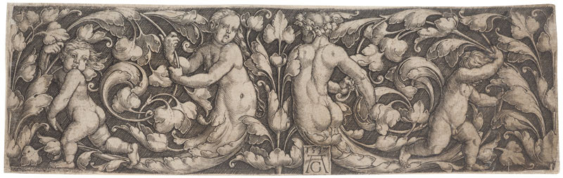 Heinrich Aldegrever - engraver - Acanthus ornament with Triton and a Naiad
