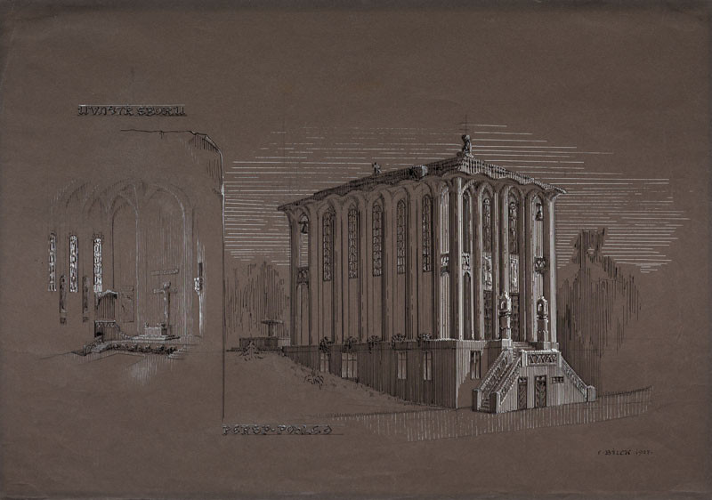 František Bílek - Design for a Congregation Hall for the Czecoslovak Hussite Church in Chýnov, perspective views