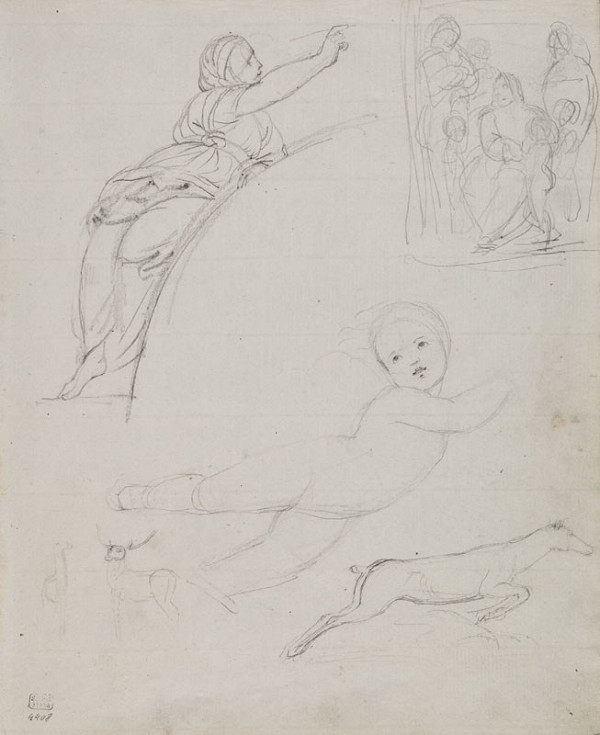 František Tkadlík - List v náčrtníku C - studie podle Raffaela. Ženská postava podle fresky v St. Maria della Pace v Římě, putto podle fresky Triumf Galathey ve vile Farnesina v Římě 