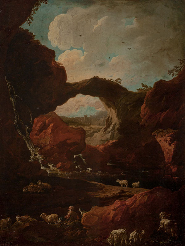 Philipp Peter Roos - Skalní roklina s bystřinou, pastevcem a stádem 