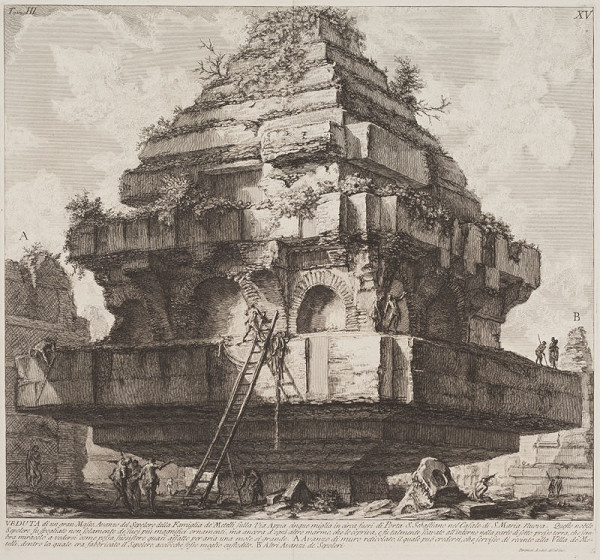 Giovanni Battista Piranesi - rytec - Pohled na velký masiv, ruinu hrobky rodiny Metellů na Via Appia, z alba Le Antichità Romane III, tab. XV 