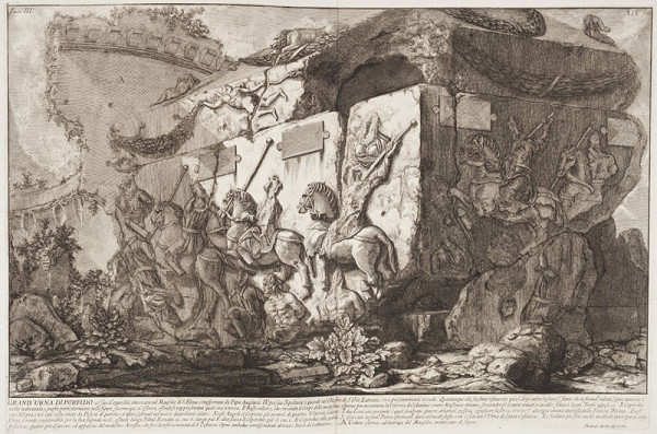 Giovanni Battista Piranesi - rytec - Velká porfyrová urna s poklopem nalezená v mauzoleu sv. Heleny, z alba Le Antichità Romane III, tab. XIX 