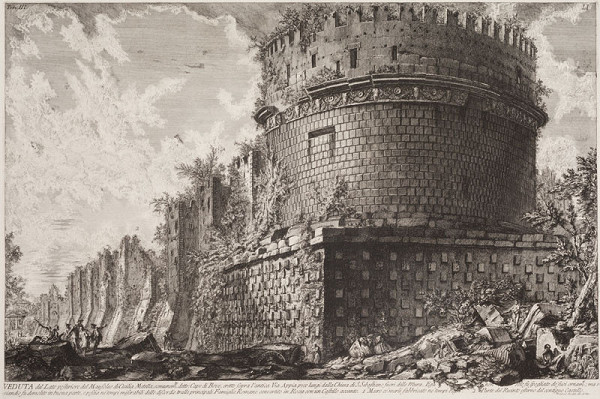 Giovanni Battista Piranesi - rytec - Veduta zadní strany mauzolea Cecilie Metelly, z alba Le Antichità Romane III, tab. LI 