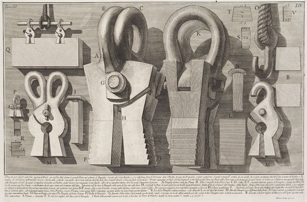 Giovanni Battista Piranesi - rytec - Nástroje pro zvedání kamenných bloků, z cyklu Le Antichità Romane III, tab. LIV 