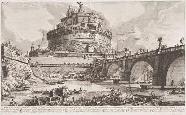Giovanni Battista Piranesi - rytec - Veduta mostu a mauzolea vybudovaných císařem Hadriánem, z cyklu Le Antichità Romane IV, tab. IV 