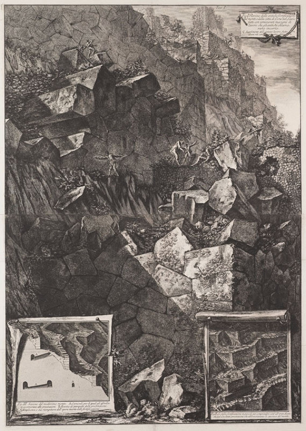 Giovanni Battista Piranesi - rytec - Pozůstatky antického opevnění hory a města Cori v Laziu, z cyklu Antichità di Cora, tab. I 