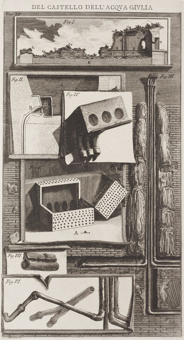 Giovanni Battista Piranesi - rytec - Průřez Fontány Juliánského akvaduktu a detaily potrubí, z alba Le Rovine del Castello dell´Acqua Giulia, tab. XV 