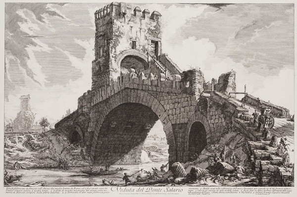 Giovanni Battista Piranesi - rytec - Pohled na most Salario, z alba Vedute di Roma 