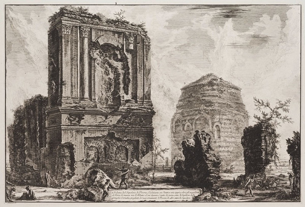Giovanni Battista Piranesi - rytec - Pohled na hrobku Pisona Licinia na Via Appia Antica, z alba Vedute di Roma 