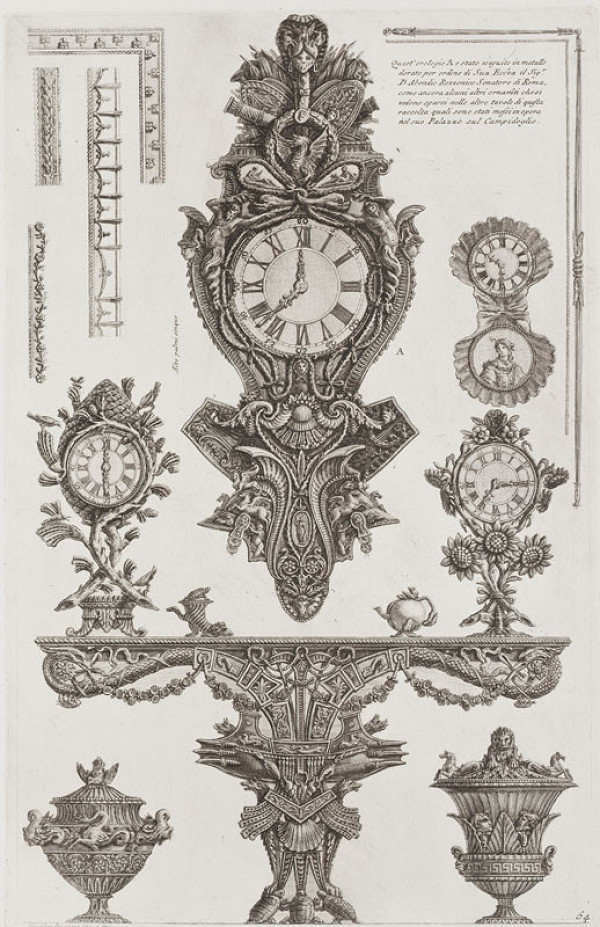 Giovanni Battista Piranesi - rytec - Návrh stolu a hodin pro Abbondia Rezzonica, z alba Diverse maniere ďadornare i cammini, list 64 