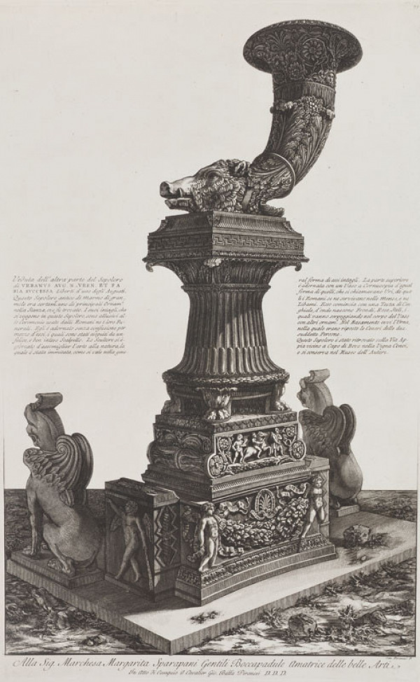 Giovanni Battista Piranesi - rytec, Francesco Piranesi - rytec - Antické dílo nalezené v ruinách hrobu na Via Appia Antica (Monumento antico ritrovato fra le ruine di sepolcro sulla Via Appia), z alba Vasi, Candelabri, Cippi, Sarcofagi, list 99 