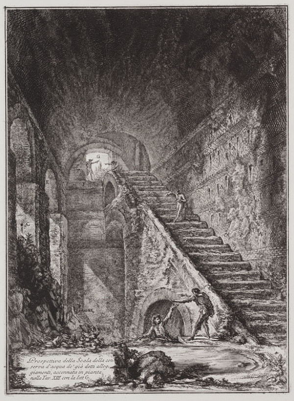 Giovanni Battista Piranesi - rytec - Pohled na schodiště reservoáru, z alba Antichità d'Albano e Castel Gandolfo, list XIV 