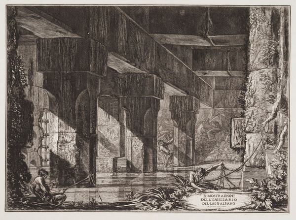 Giovanni Battista Piranesi - rytec - Vyobrazení výpusti z jezera Albano - Vodní peklo, z alba Descrizione e Disegno dell'Emissario del Lago Albano, tab. VI 