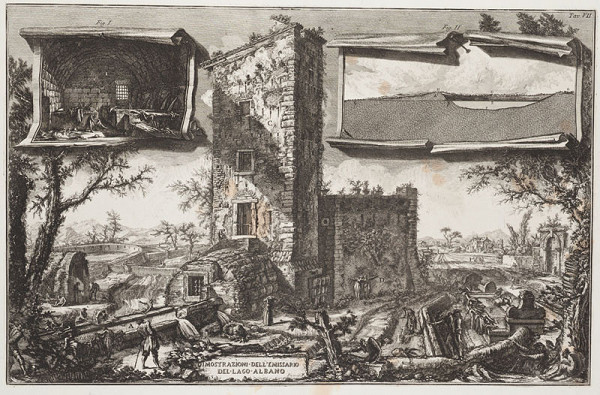 Giovanni Battista Piranesi - rytec - Výpusť z jezera Albano - stavba za vyústěním kanálu, Descrizione e Disegno dell’Emissario del Lago Albano, list VII 