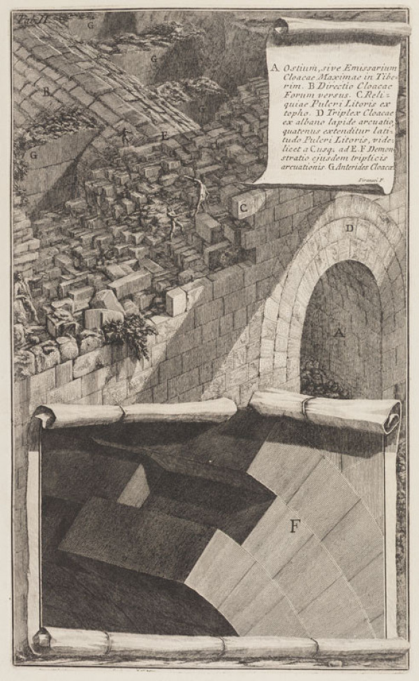 Giovanni Battista Piranesi - rytec - Vyústění kanálu Cloaca Maxima do Tibery, z cyklu Della Magnificenza ed Architettura de´ Romani, list II 
