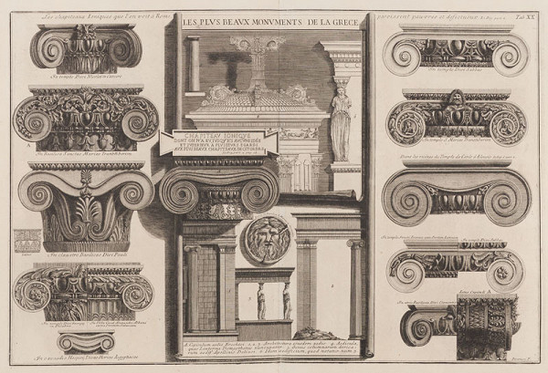 Giovanni Battista Piranesi - rytec - Porovnání římských iónských hlavic s řeckými převzatými z ilustrací od Le Roye, z cyklu Della Magnificenza ed Architettura de´ Romani, tab. XX 