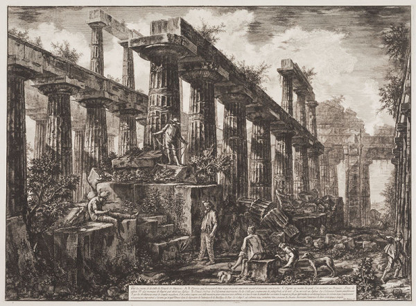 Francesco Piranesi - rytec, Giovanni Battista Piranesi - rytec, Giovanni Battista Piranesi - inventor - Pohled do cely Neptunova chrámu, z alba Différentes vues de Pesto, tab. XV 