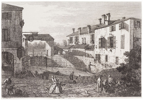 Antonio Canaletto - rytec - Zdymadlo v Dolo (Porte del Dolo), ze souboru Vedute. Altre prese da i luoghi altre ideate... 