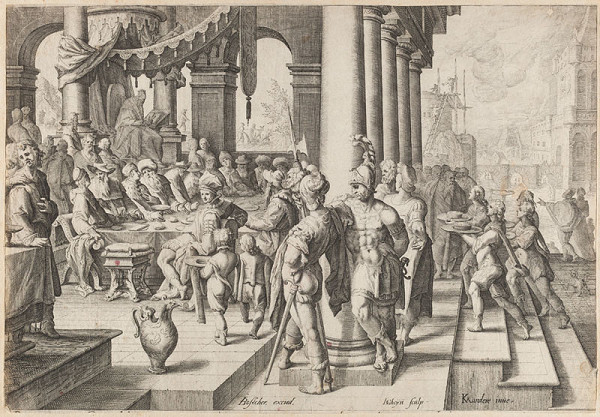 Jacques de Gheyn II. - rytec, Karel van Mander - inventor (tvůrce předlohy), Joos de Bosscher - vydavatel - Blaze ti, země, když je tvým králem šlechtic... (Kazatel 10:17-18) 