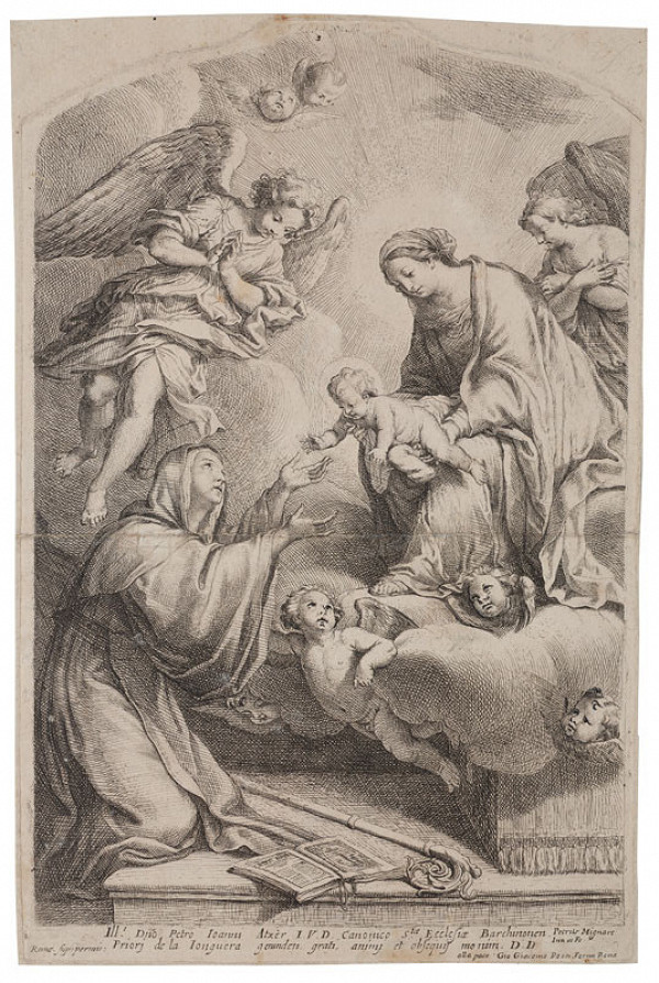 Pierre Mignard - rytec - Panna Marie se zjevuje sv. Scholastice 