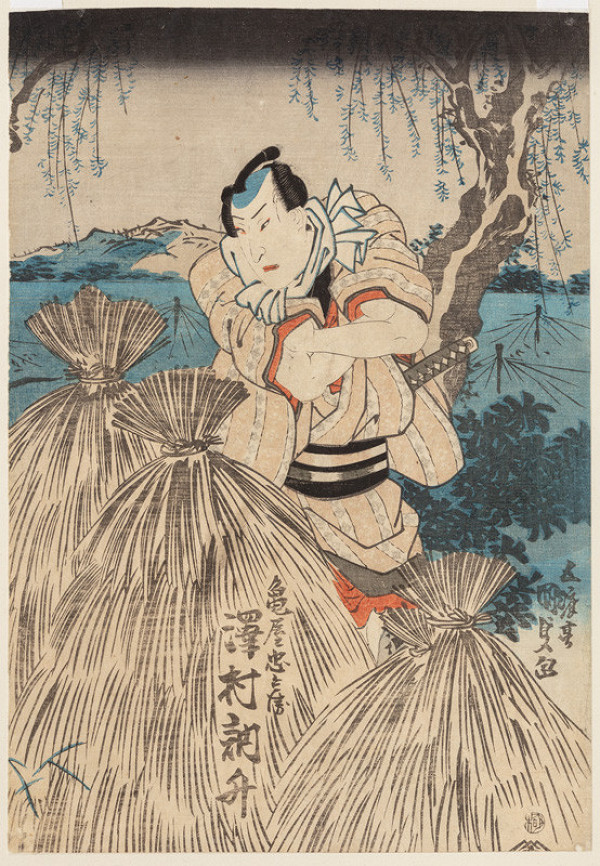 Utagawa Kunisada - Sawamura Toššó jako Kameja Čúbei mezi snopy rýže 