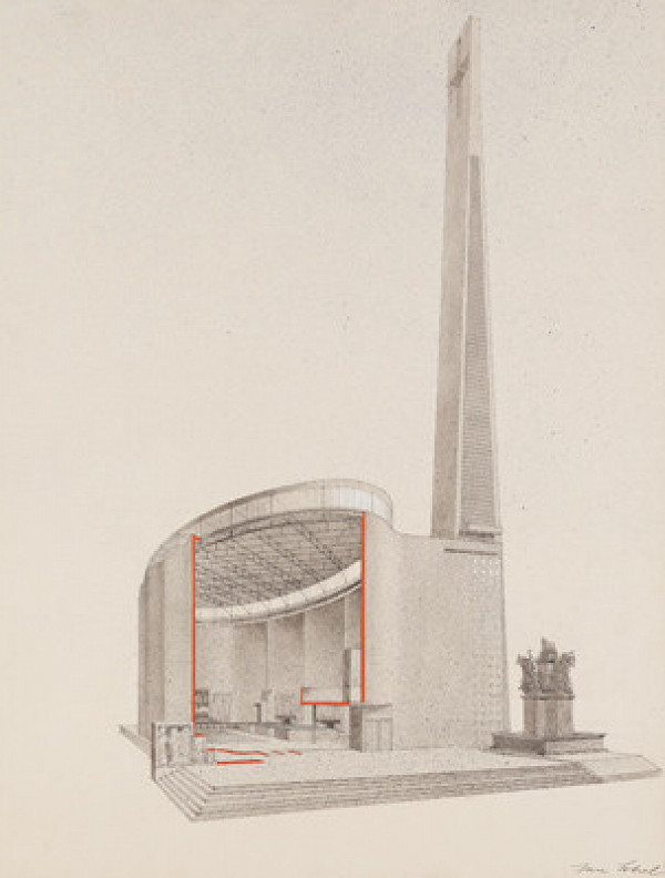 Jan Sokol - Design for the Church in Staršnice district in Prague, section in perspective 