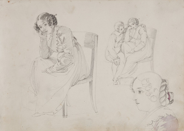 František Tkadlík - Sheet from the Southern Italian Sketchbook - study of human figures and a girl's face 