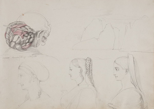 František Tkadlík - Sheet from the Southern Italian Sketchbook - study from Sorrento - women’s heads, studies of coiffures; rock formations near Capri 