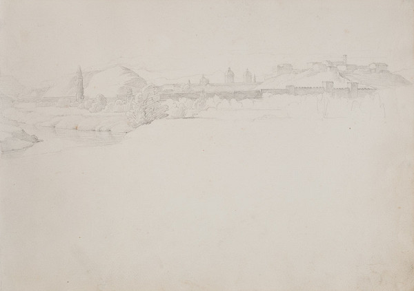 František Tkadlík - Sheet from the Southern Italian Sketchbook - view of Rome from the Tiber, looking towards Aventine Hill, reverse side: facial sketches 