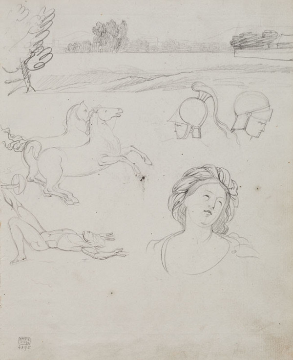 František Tkadlík - Sheet from Sketchbook C - landscape; studies after various models, including Guercino’s painting The Samian Sybil, reverse side: study of figures after classical models 